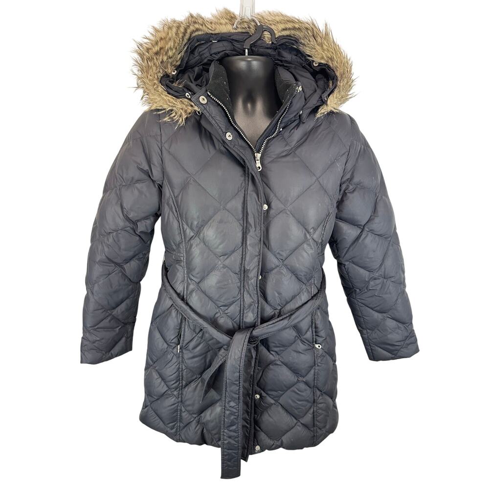 Eddie Bauer Quilted Puffer Parka Jacket Medium 700 Fill Down Faux Fur Trim Belt